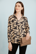 Neutral Beige Graphic Pattern Full Sleeve V-Neck Satin Shirt Top