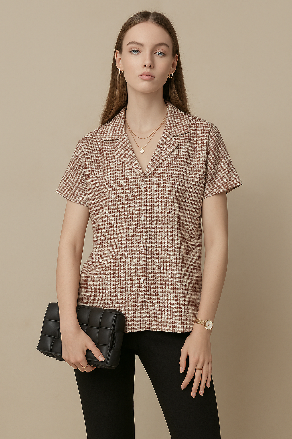 Brown Houndstooth Cotton Short Sleeve Shirt