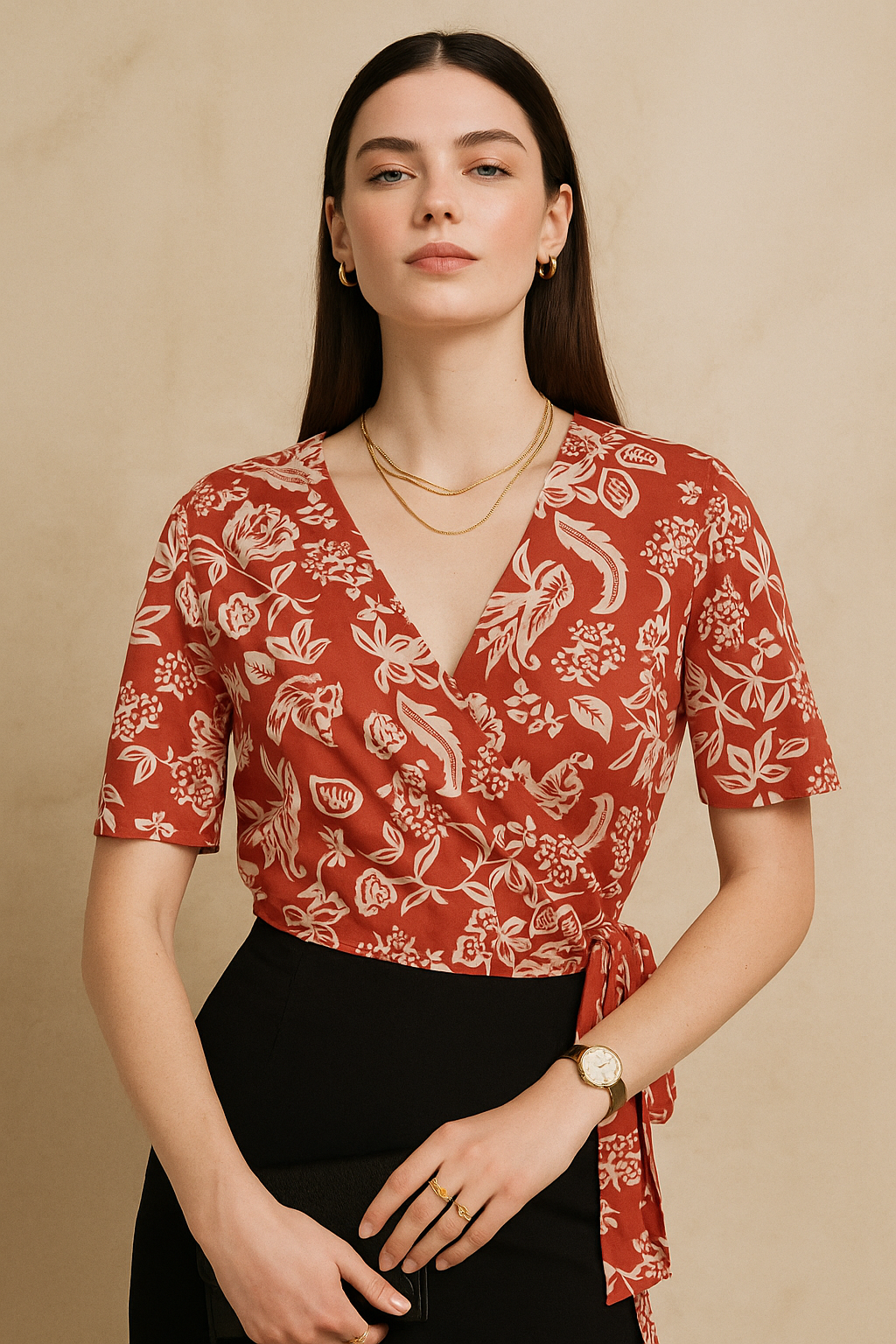 Red Floral Wrap Top with Short Sleeves in Crepe Fabric