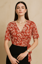 Floral Wrap Top with Short Sleeves in Crepe Fabric