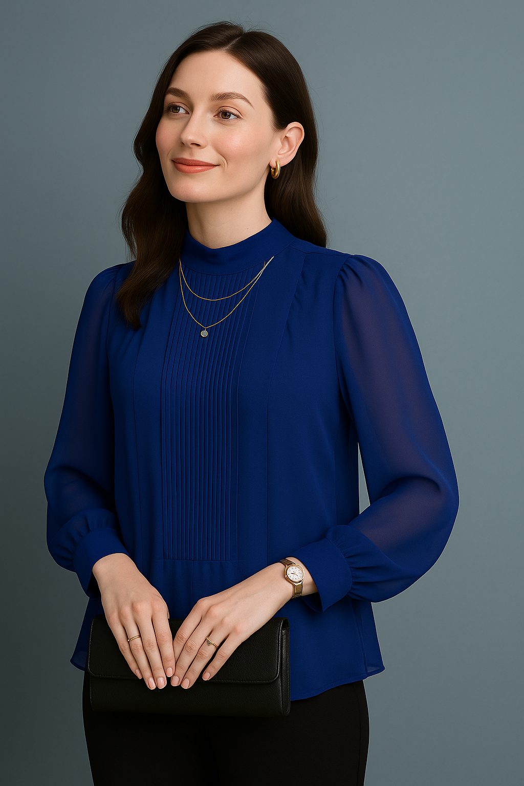 Navy Pleated Quarter Sleeve Top