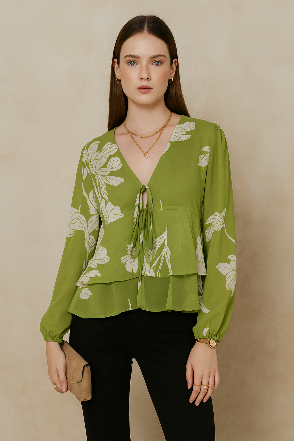 Olive Green Floral Chiffon Peplum Top with Long Sleeves and Front Tie Detail