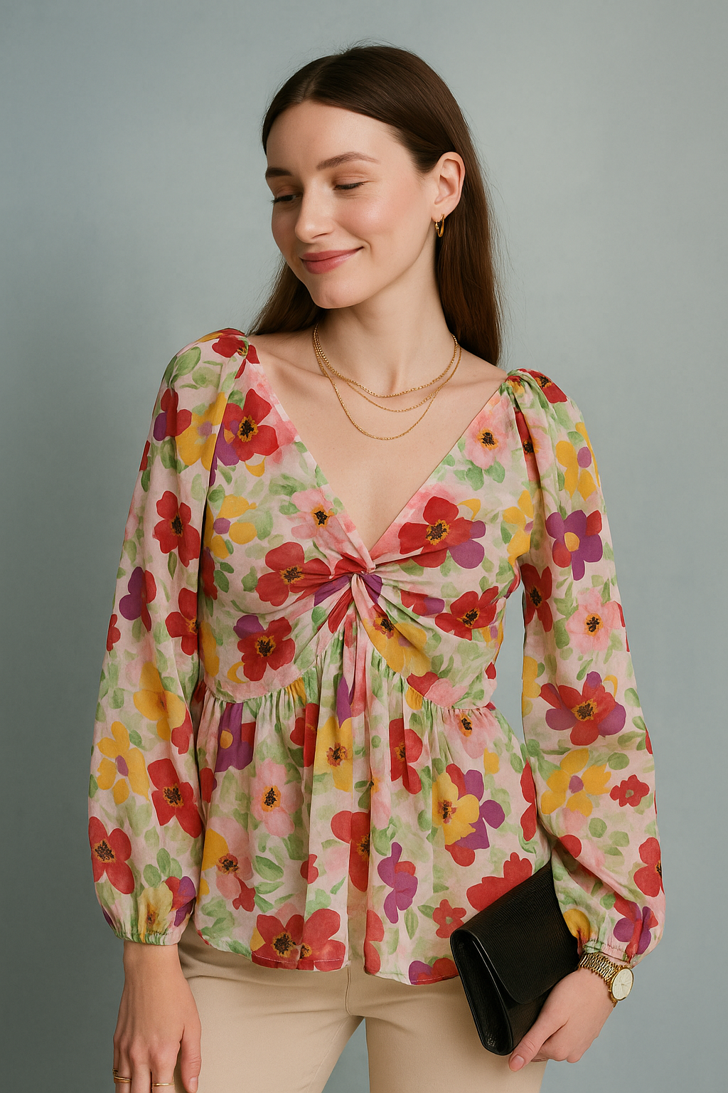 Multicolor Floral Printed Chiffon Peplum Top with Long Sleeves and Front Twist Detail