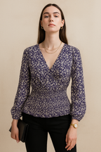 Floral Printed Georgette Smocked Waist Top with Long Sleeves and V Neckline