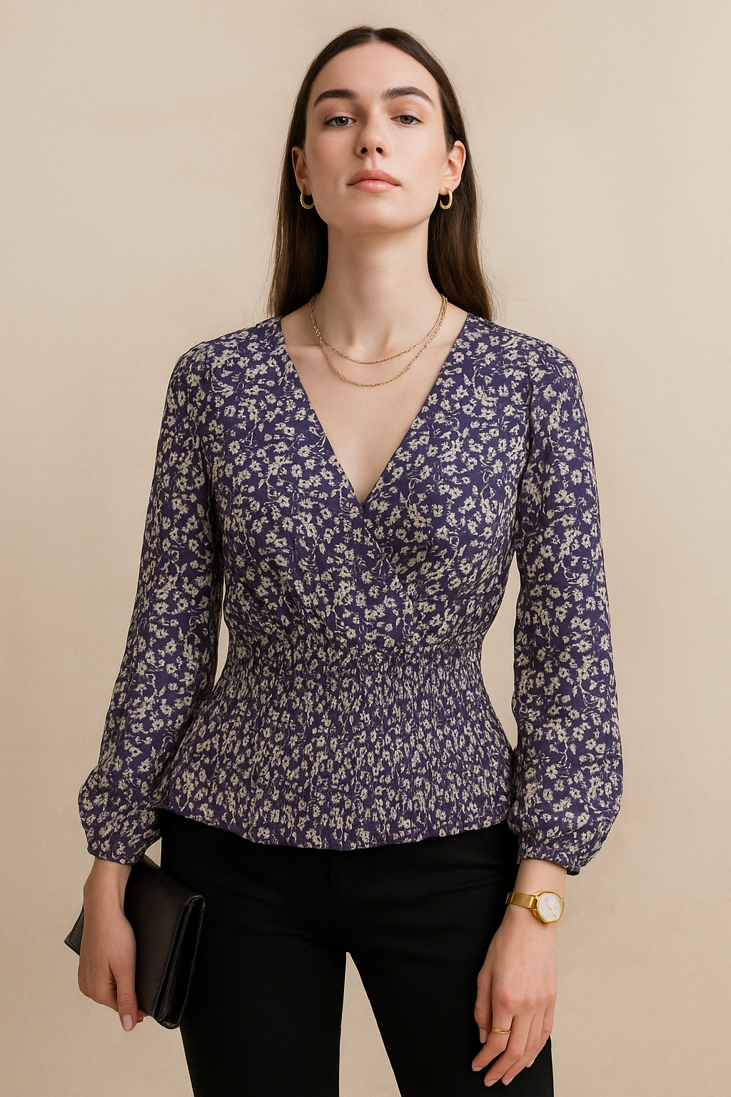 Floral Printed Georgette Smocked Waist Top with Long Sleeves and V Neckline