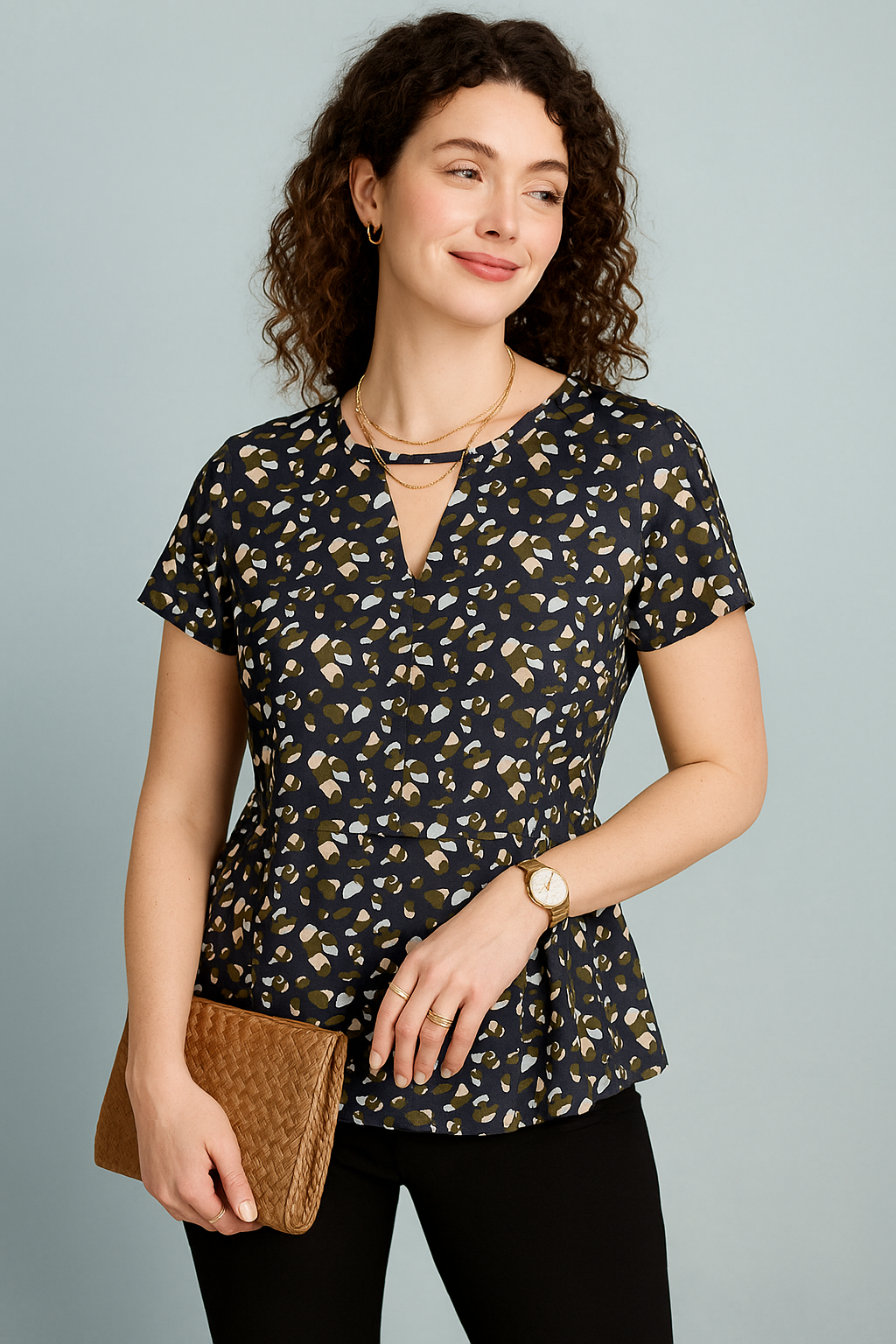 Navy Blue Abstract Printed Crepe Peplum Top with Short Sleeves and Keyhole Neckline