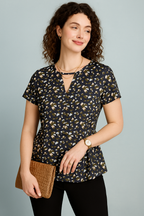 Abstract Printed Crepe Peplum Top with Short Sleeves and Keyhole Neckline