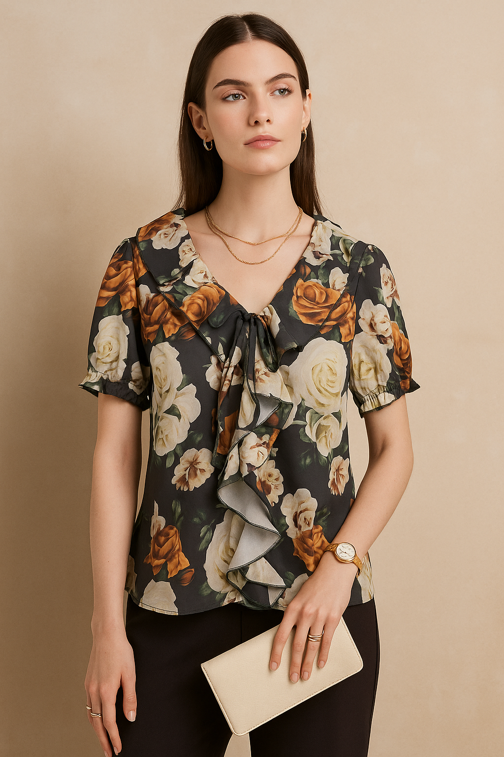 Black Floral Printed Satin Top with Short Sleeves Ruffle Front and Tie Neck Detail