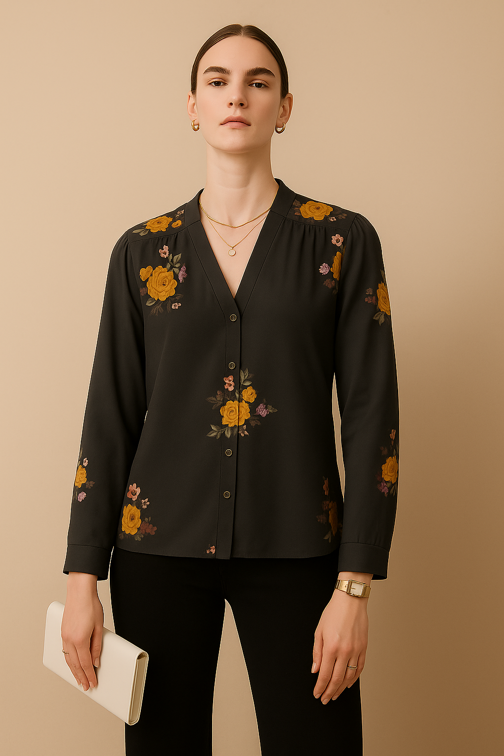 Black Floral Printed Crepe Shirt with Long Sleeves and V Neckline