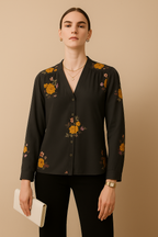 Black Floral Printed Crepe Shirt with Long Sleeves and V Neckline