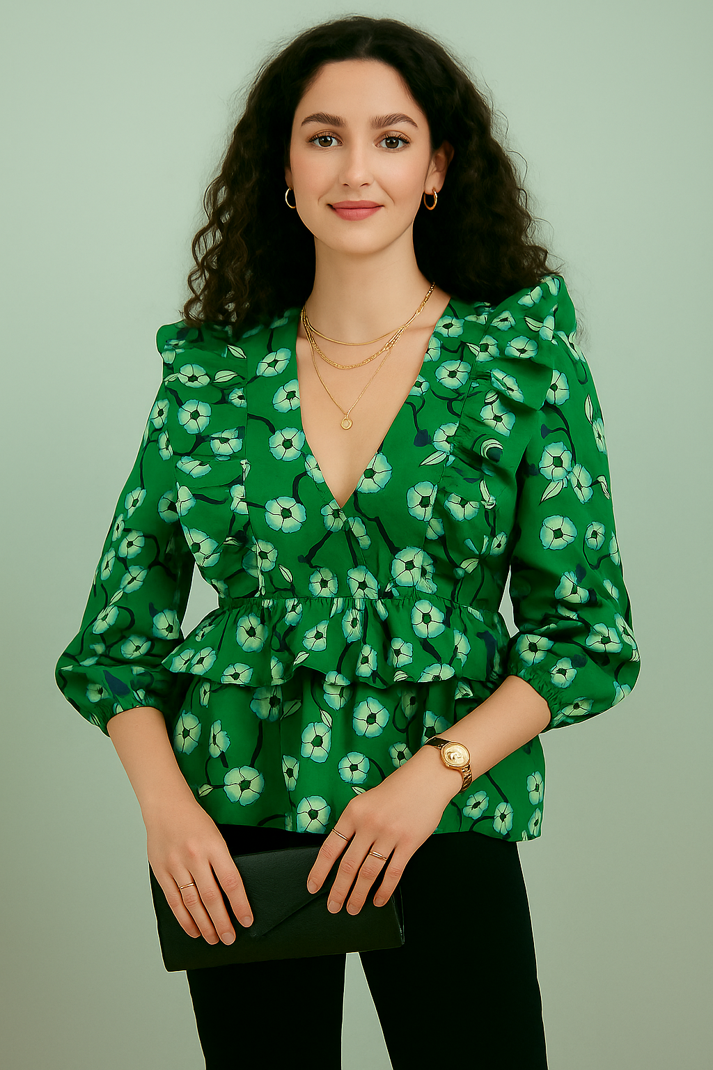 Emerald Green Floral Printed Crepe Peplum Top with Ruffled Shoulders and Three Quarter Sleeves