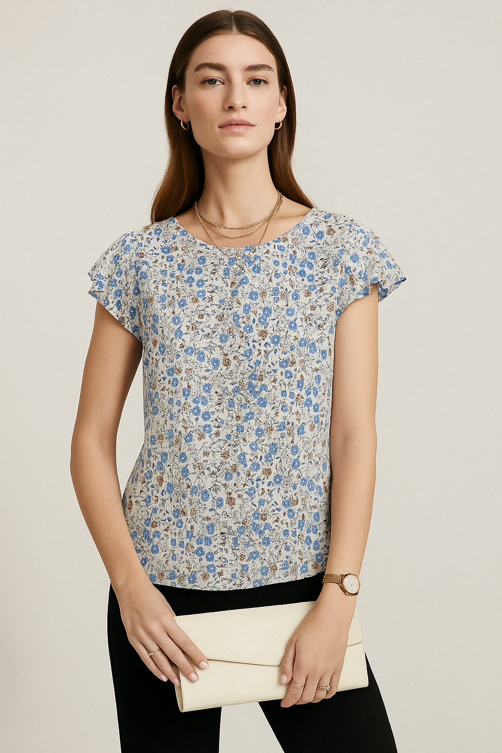 Ivory Blue Floral Printed Cotton Top with Cap Sleeves and Round Neckline