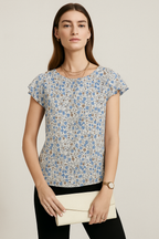 Floral Printed Cotton Top with Cap Sleeves and Round Neckline