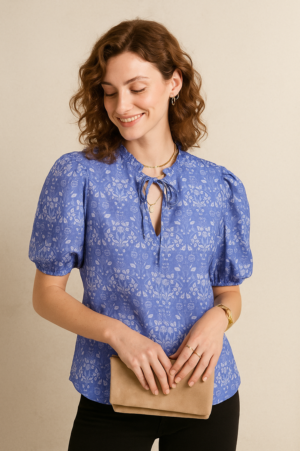 Periwinkle Blue Floral Cotton Top with Puff Sleeves and Tie-Neck Detail