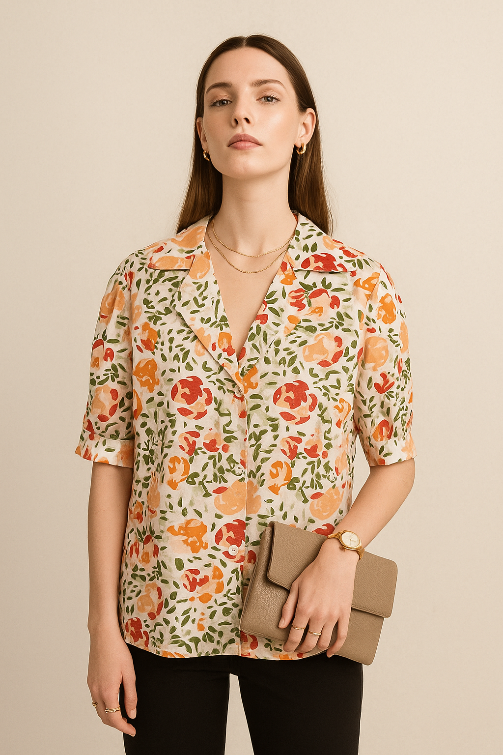 Multicolor Floral Button-Down Shirt in Lightweight Cotton Linen with Hip Length and Half Sleeves