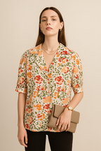 Multicolor Floral Button-Down Shirt in Lightweight Cotton Linen with Hip Length and Half Sleeves