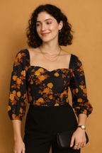 Black Floral Sweetheart Neck Crop Top in Soft Cotton Blend with Three Quarter Sleeves