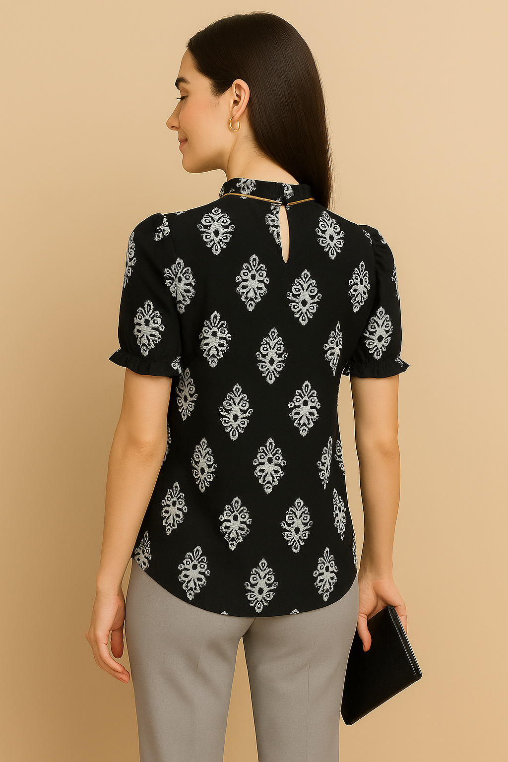 Elegant Black Printed Ruffle Neck Top