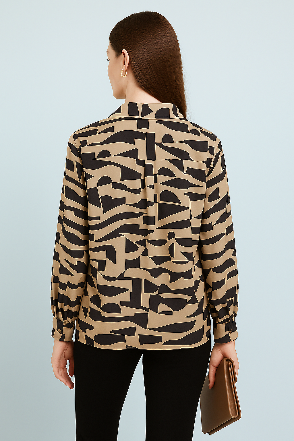 Neutral Beige Graphic Pattern Full Sleeve V-Neck Satin Shirt Top