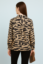 Neutral Beige Graphic Pattern Full Sleeve V-Neck Satin Shirt Top