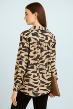 Neutral Beige Graphic Pattern Full Sleeve V-Neck Satin Shirt Top