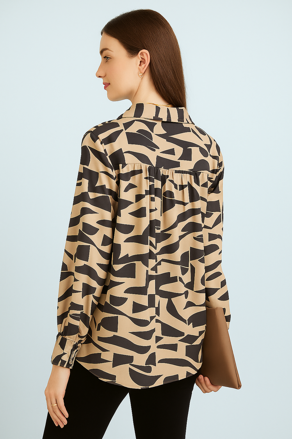 Neutral Beige Graphic Pattern Full Sleeve V-Neck Satin Shirt Top