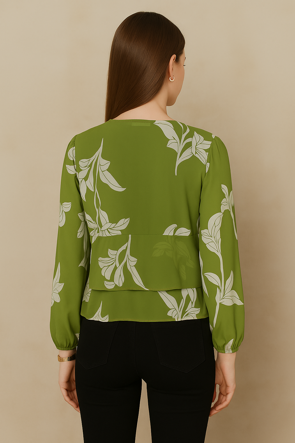 Olive Green Floral Chiffon Peplum Top with Long Sleeves and Front Tie Detail