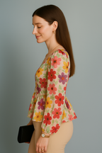 Multicolor Floral Printed Chiffon Peplum Top with Long Sleeves and Front Twist Detail