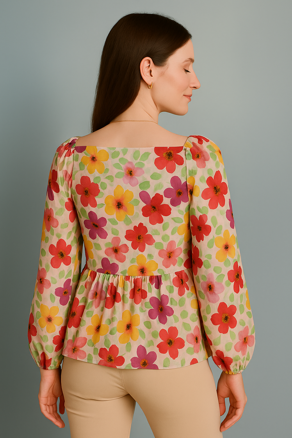 Multicolor Floral Printed Chiffon Peplum Top with Long Sleeves and Front Twist Detail