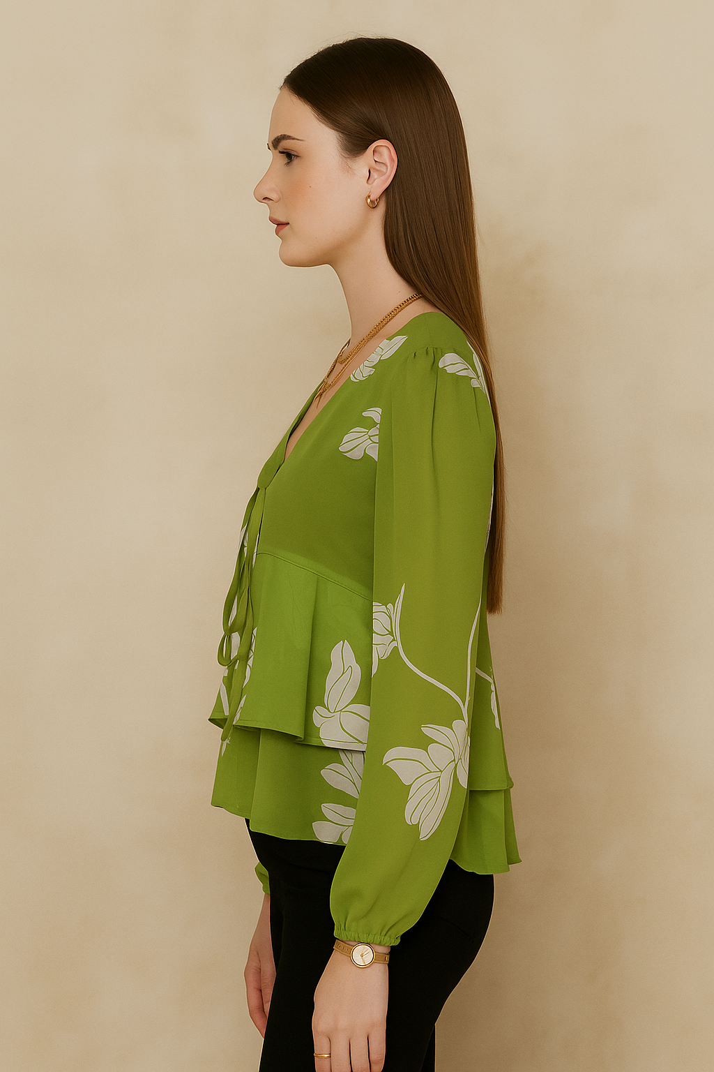 Olive Green Floral Chiffon Peplum Top with Long Sleeves and Front Tie Detail