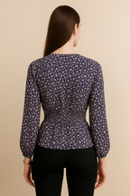 Floral Printed Georgette Smocked Waist Top with Long Sleeves and V Neckline