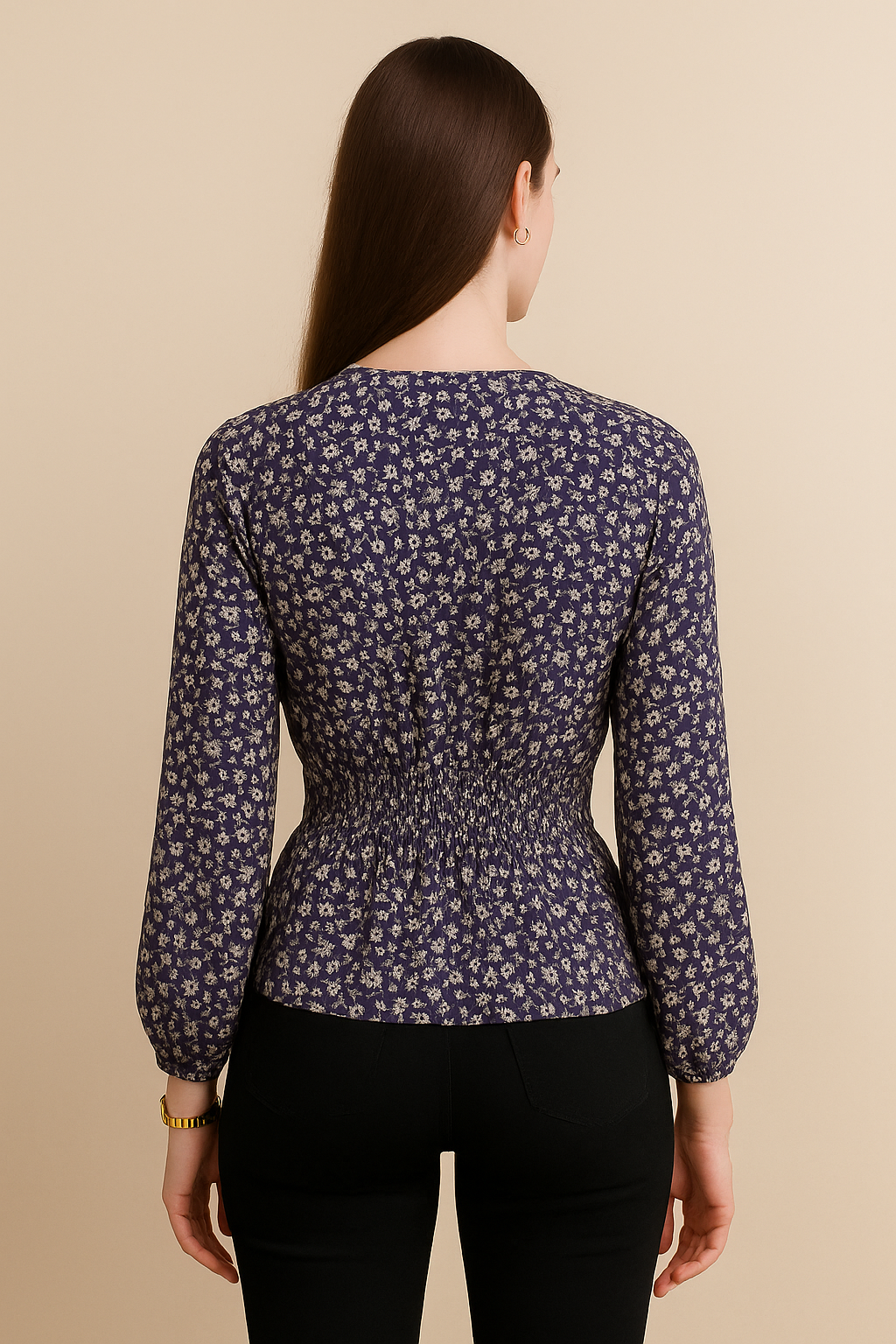 Floral Printed Georgette Smocked Waist Top with Long Sleeves and V Neckline