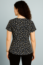 Abstract Printed Crepe Peplum Top with Short Sleeves and Keyhole Neckline