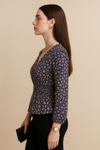 Floral Printed Georgette Smocked Waist Top with Long Sleeves and V Neckline