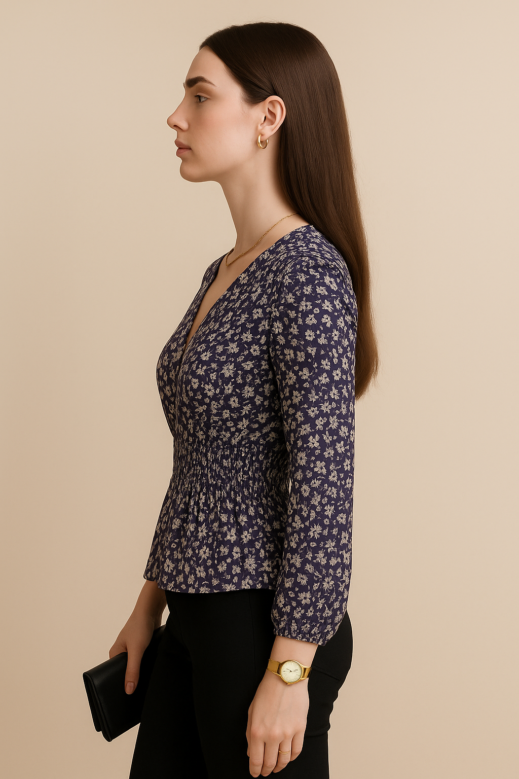 Floral Printed Georgette Smocked Waist Top with Long Sleeves and V Neckline