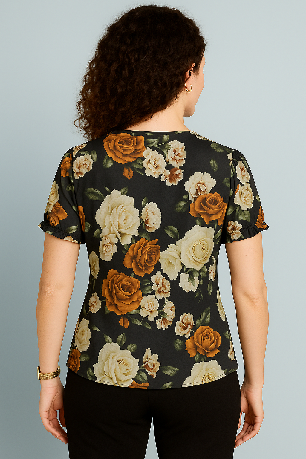 Black Floral Printed Satin Top with Short Sleeves Ruffle Front and Tie Neck Detail