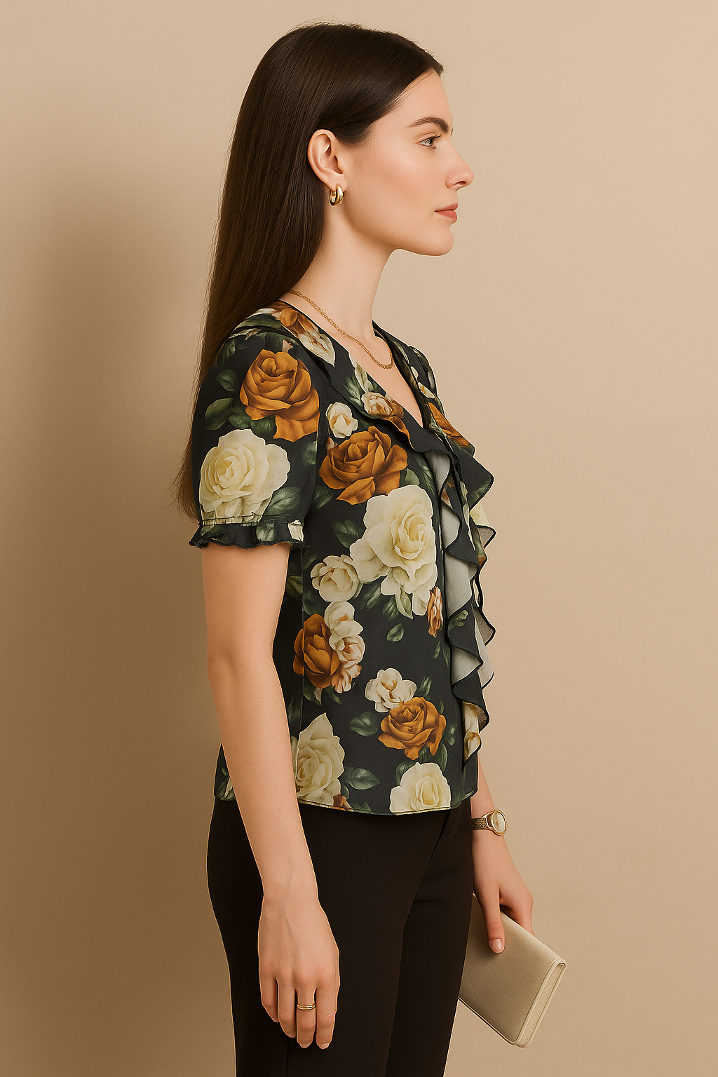Black Floral Printed Satin Top with Short Sleeves Ruffle Front and Tie Neck Detail