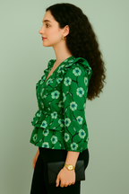 Emerald Green Floral Printed Crepe Peplum Top with Ruffled Shoulders and Three Quarter Sleeves