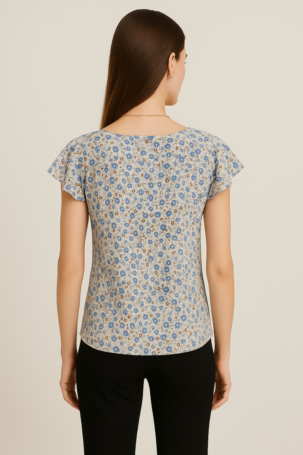 Floral Printed Cotton Top with Cap Sleeves and Round Neckline