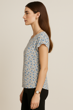 Floral Printed Cotton Top with Cap Sleeves and Round Neckline