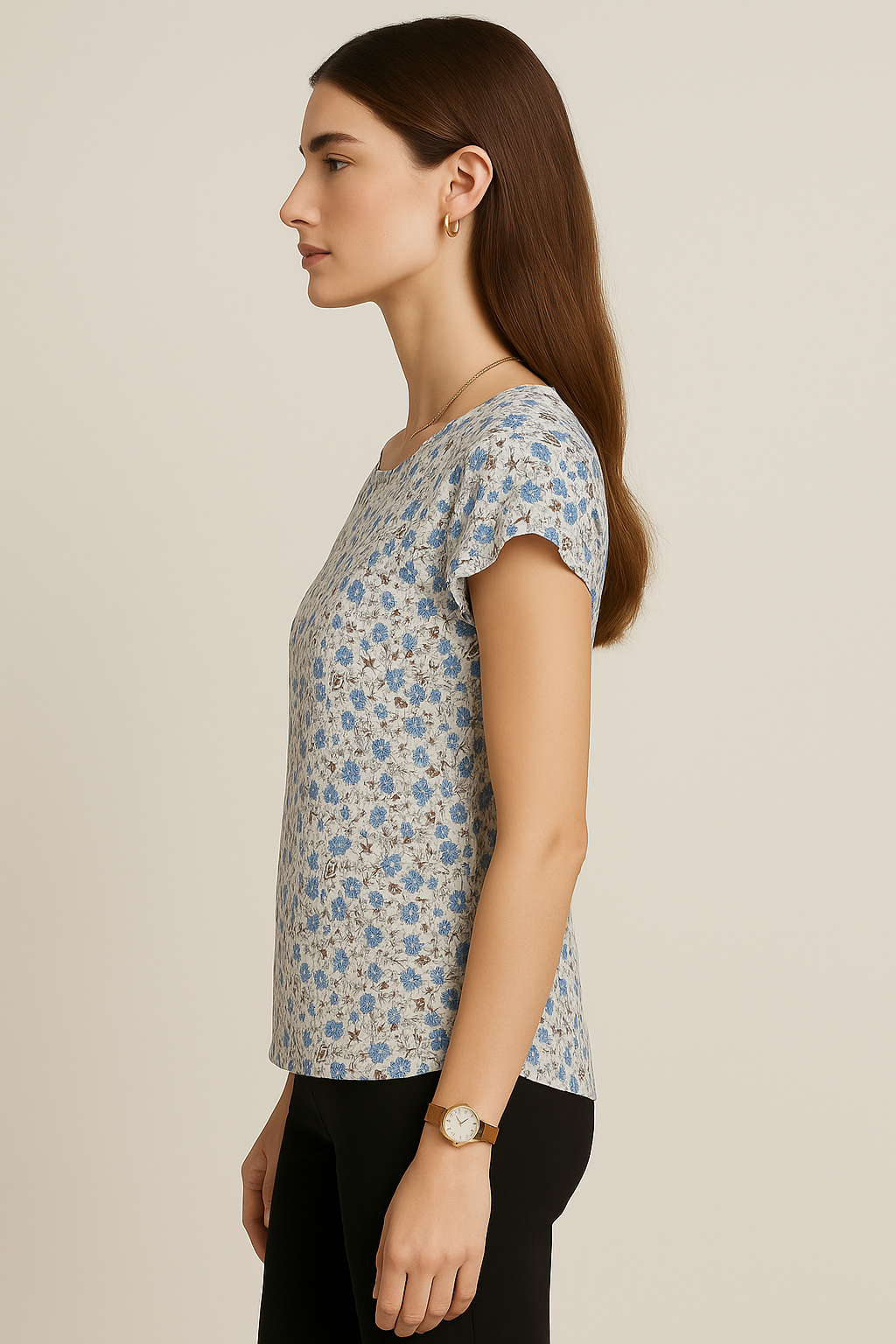 Floral Printed Cotton Top with Cap Sleeves and Round Neckline