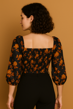 Black Floral Sweetheart Neck Crop Top in Soft Cotton Blend with Three Quarter Sleeves