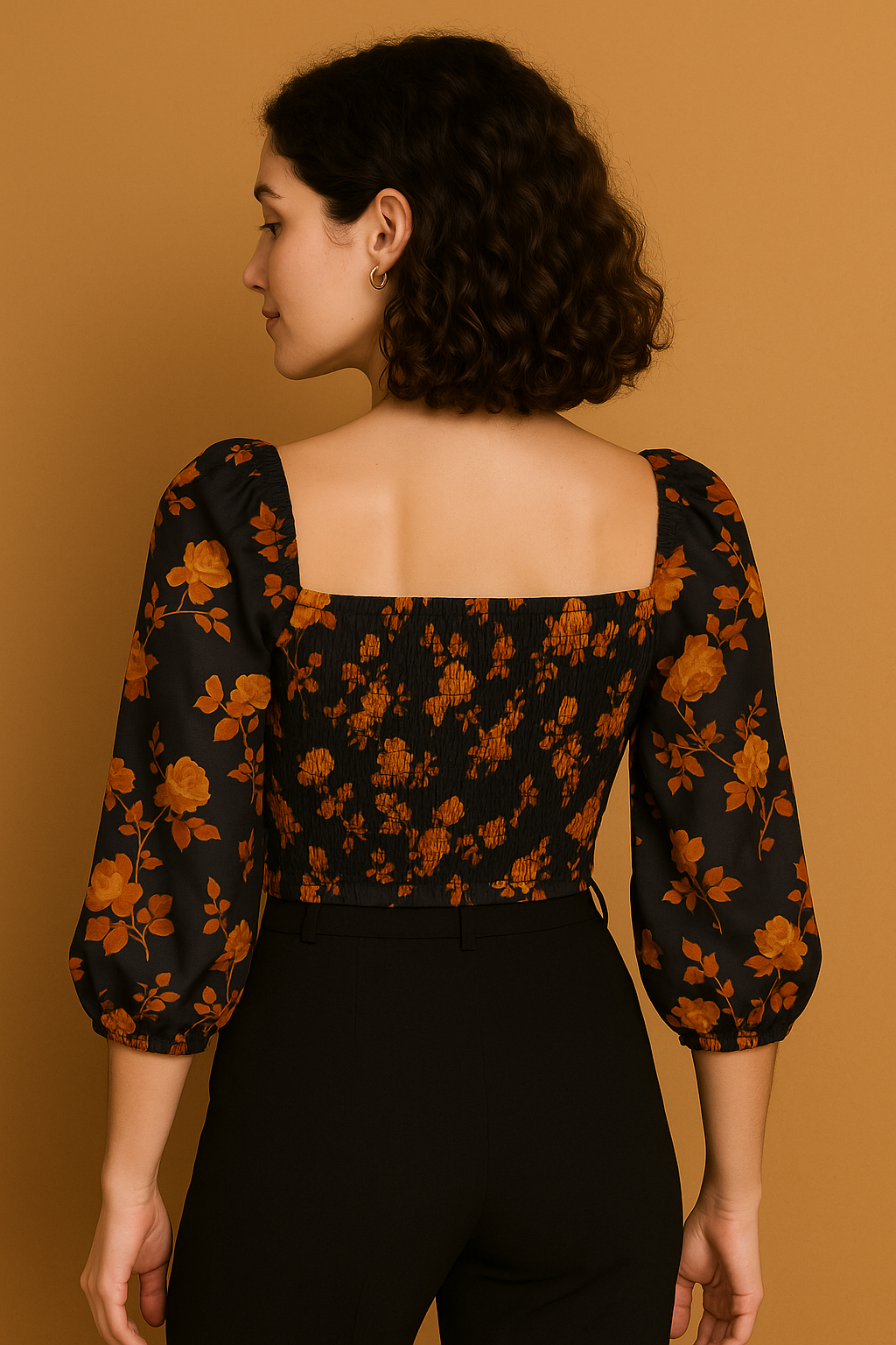 Black Floral Sweetheart Neck Crop Top in Soft Cotton Blend with Three Quarter Sleeves