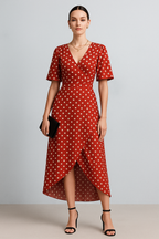 Red Polka Wrap Dress with V-Neck & Flare Sleeves