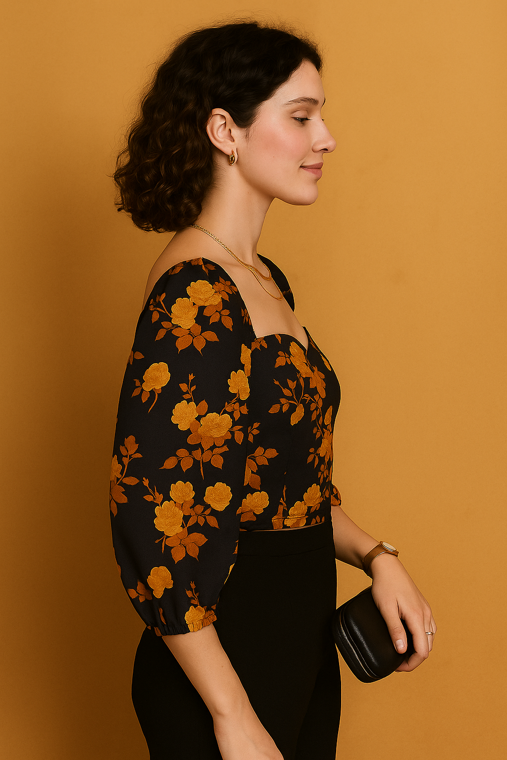 Black Floral Sweetheart Neck Crop Top in Soft Cotton Blend with Three Quarter Sleeves