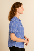 Periwinkle Floral Cotton Top with Puff Sleeves and Tie-Neck Detail