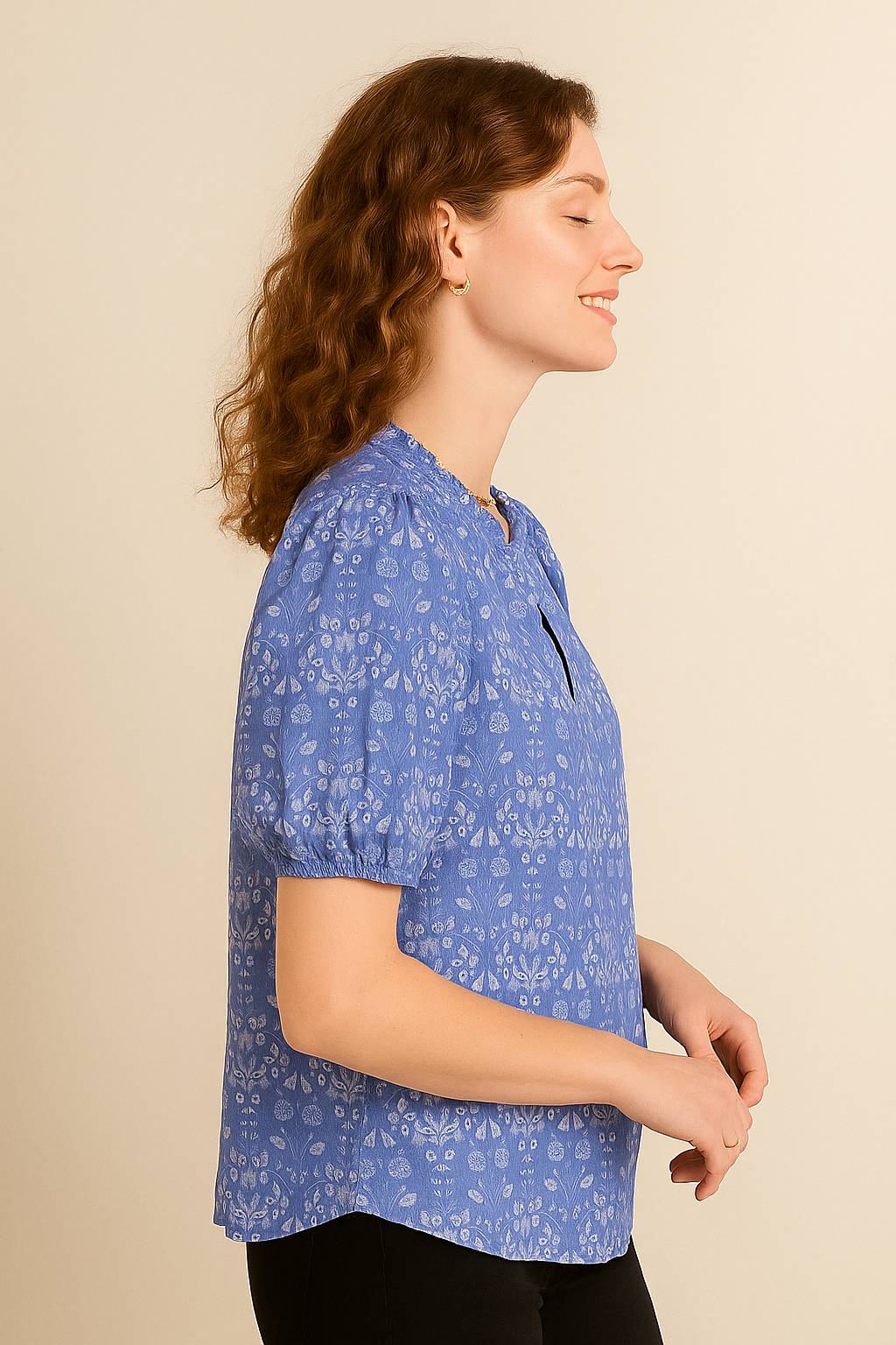 Periwinkle Floral Cotton Top with Puff Sleeves and Tie-Neck Detail