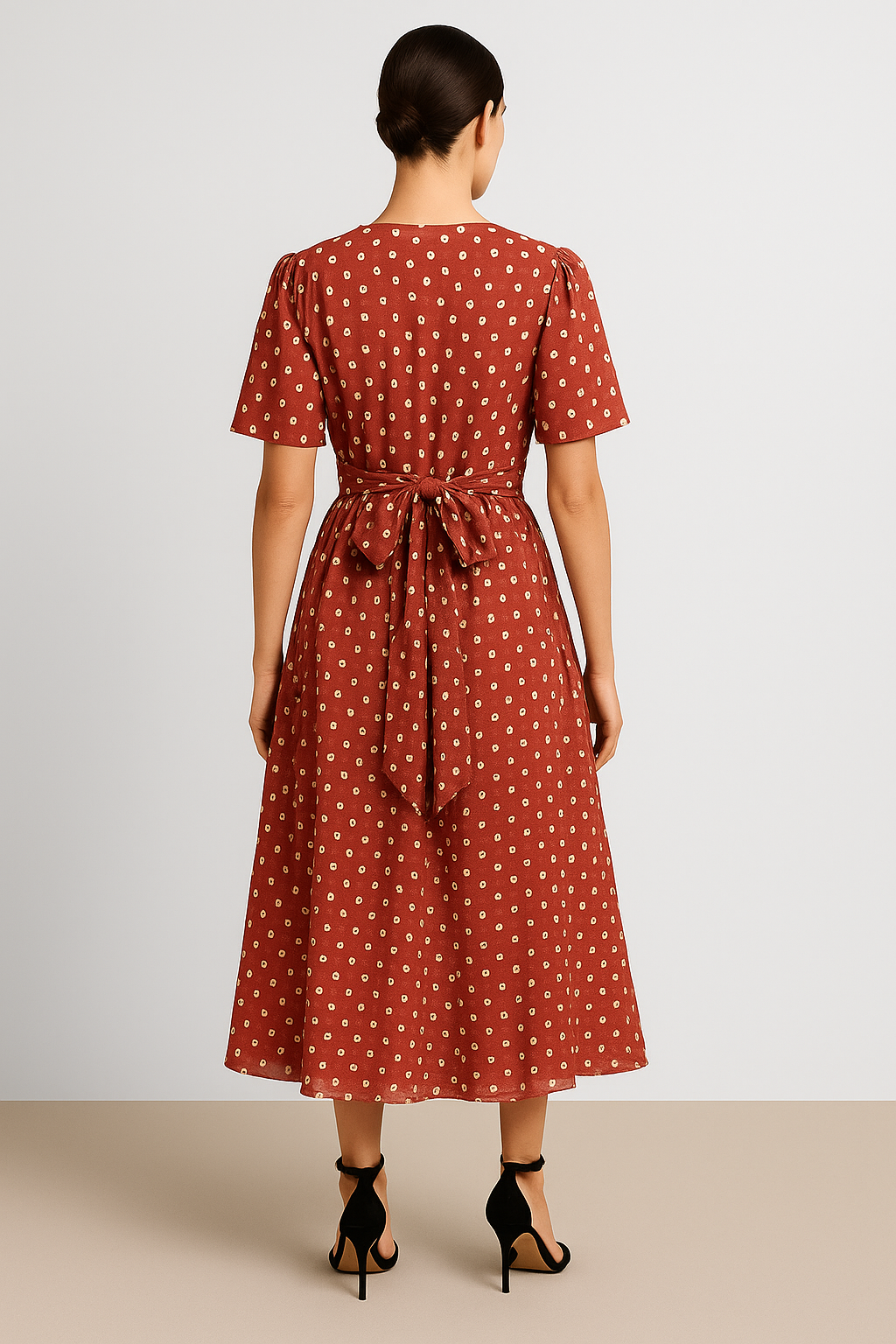 Red Polka Wrap Dress with V-Neck & Flare Sleeves