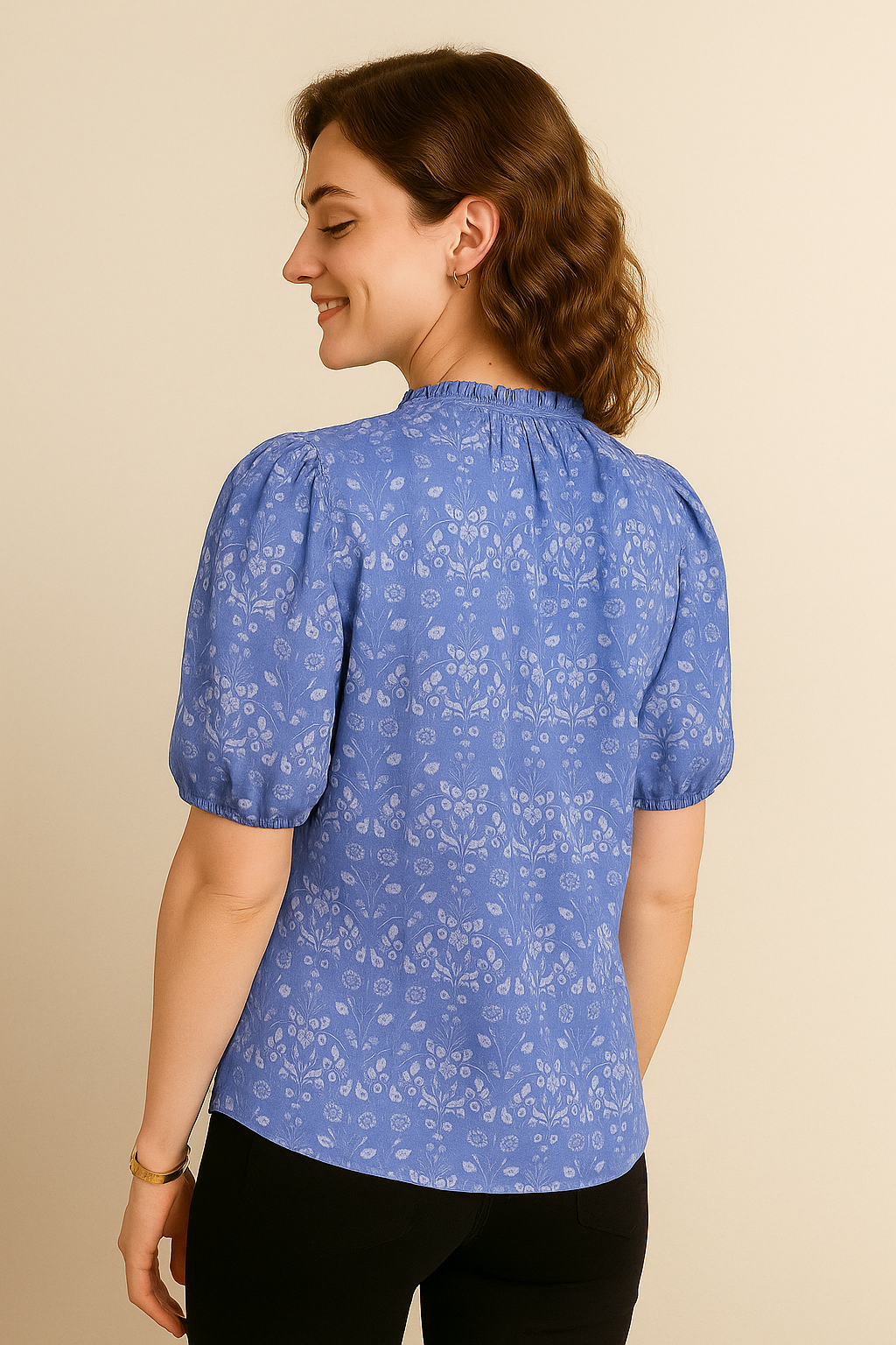 Periwinkle Floral Cotton Top with Puff Sleeves and Tie-Neck Detail