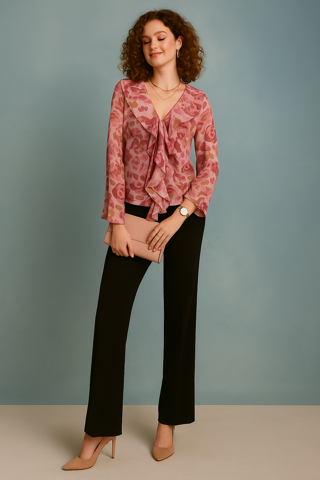 Dusty Pink Floral Chiffon Top with Long Sleeves Ruffle Front and Tie Neckline